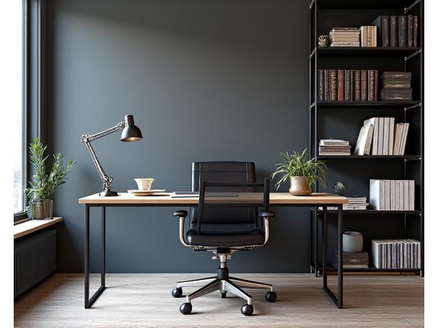 세련된 금속 책상과 수납장이 있는 미니멀 오피스