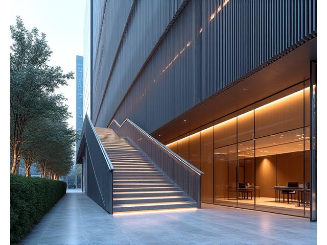 현대 건축물에 적용된 금속 외장재 및 난간 디자인