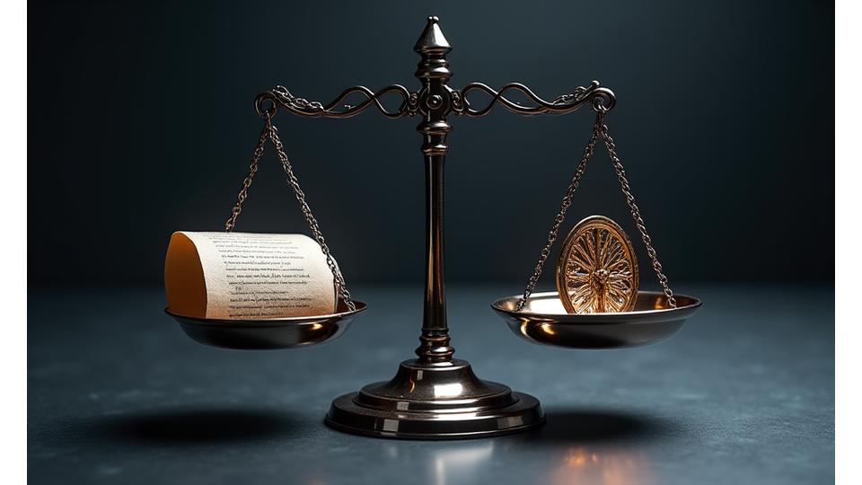 법률 저울 위에 놓인 정교한 금속 장식물, 공정함을 상징